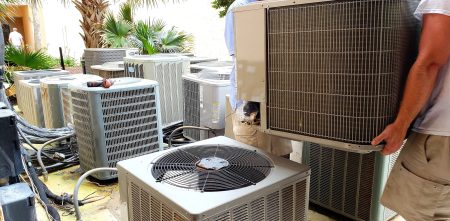 hvac technician removing old rusted broken airconditioners in HVAC .